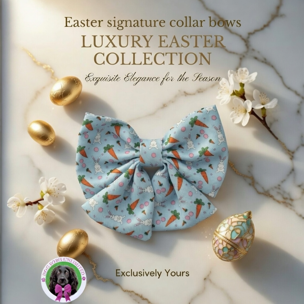 Luxury Easter Signature Collar Bow Pastel Blue , Carrot & Rabbit Design
