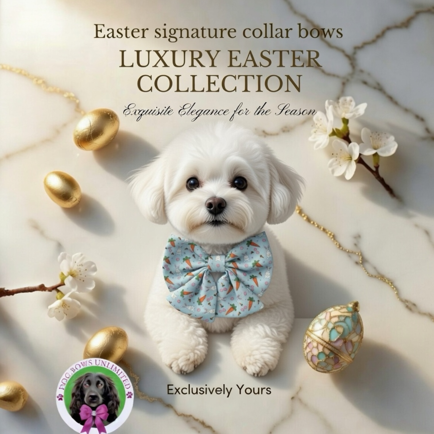Luxury Easter Signature Collar Bow Pastel Blue , Carrot & Rabbit Design